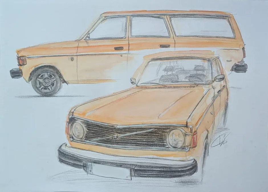 Zeichnung eines orangefarbenen Volvo 145 Kombi auf einem Blatt: hinten die Seitenansicht, davor groß die Dreiviertelansicht von vorn mit dem Volvo-Emblem im Kühlergrill.